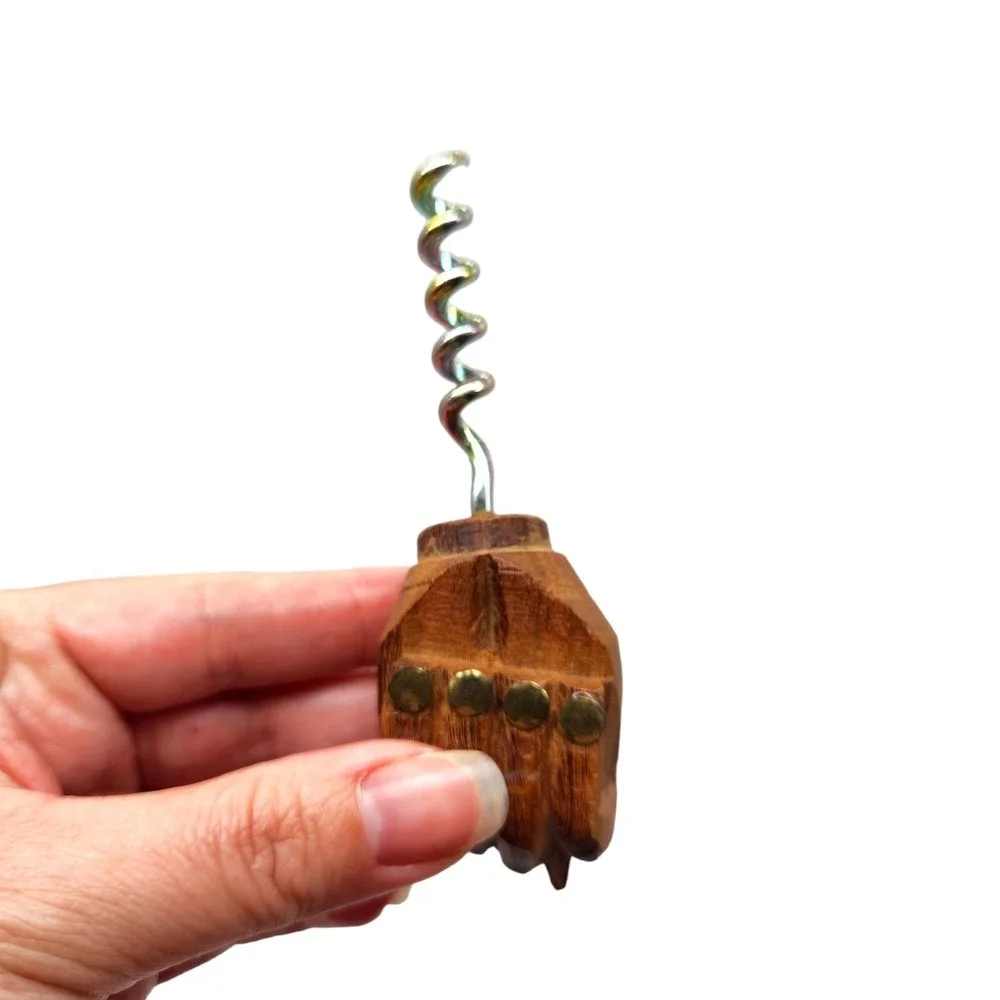 Vintage Wood Brass FIG Fist Sign Wine Corkscrew & Bottle Opener Hand Carved